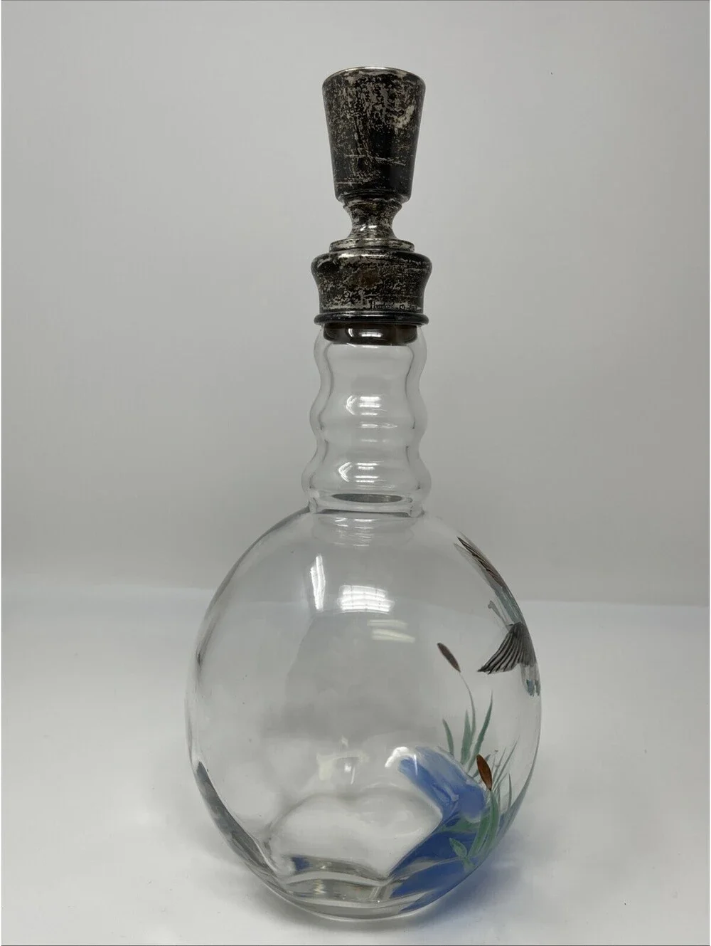 Vintage Hand Painted Mallard Duck Glass Decanter with Decorative Stopper